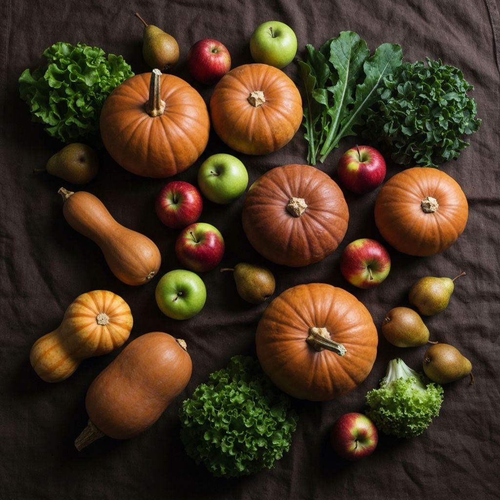 Overhead flat lay of a seasonal produce spread including autumn vegetables, squash, apples, and leafy greens
