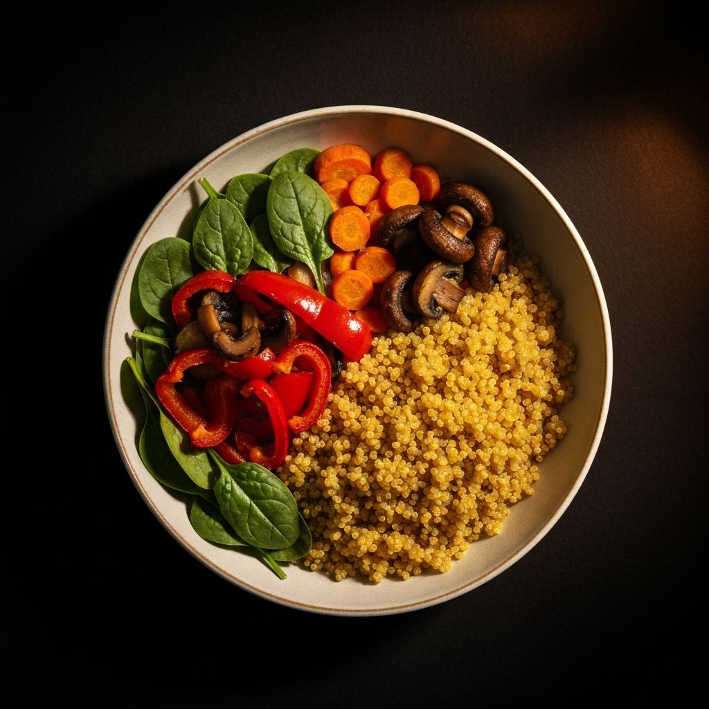 A balanced meal composition of grains, vegetables, and fresh produce