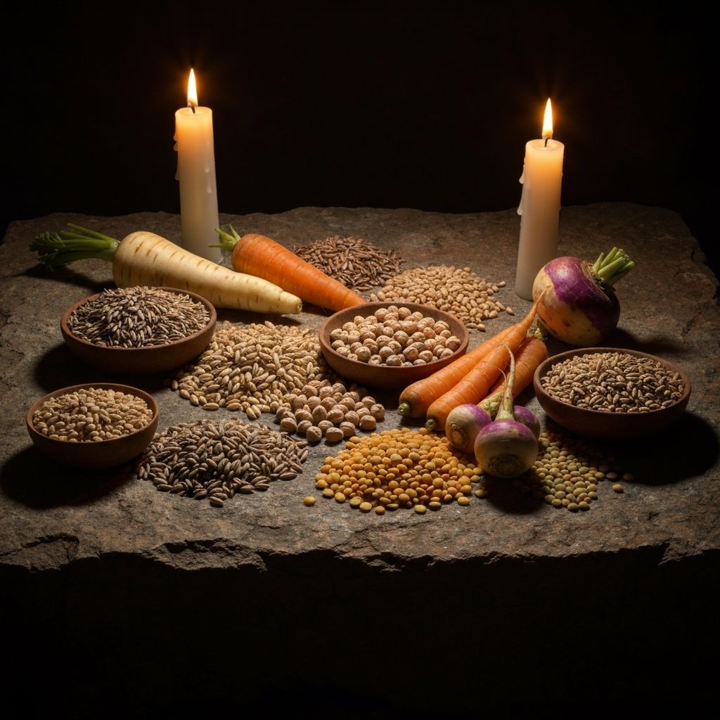 Ancient grains, dried legumes, and root vegetables arranged on rough stone surface under warm lighting