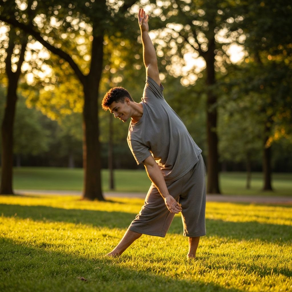 Person stretching outdoors in a serene park at golden hour