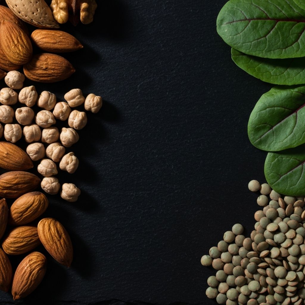 Assorted whole foods including almonds, chickpeas, lentils, and leafy greens arranged on a dark slate surface